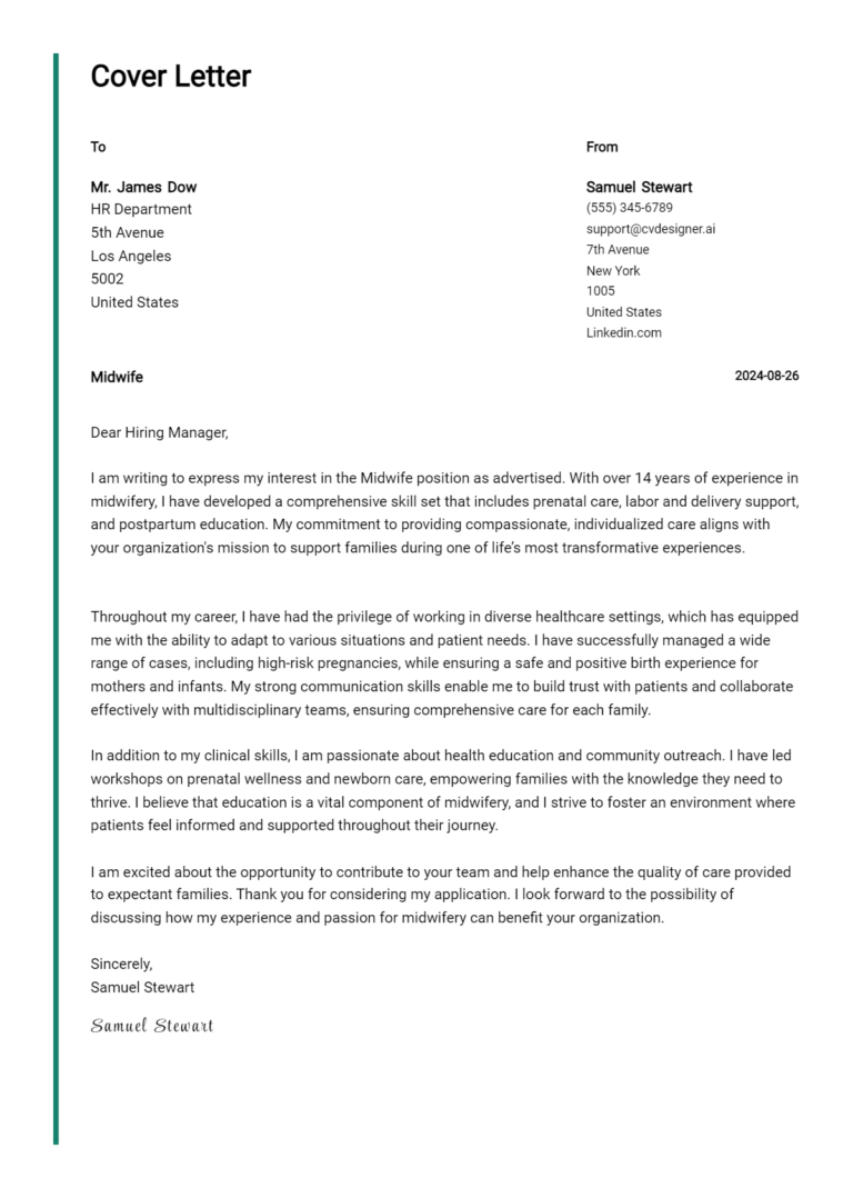 Midwife Cover Letter Examples with Writing Tips for 2025