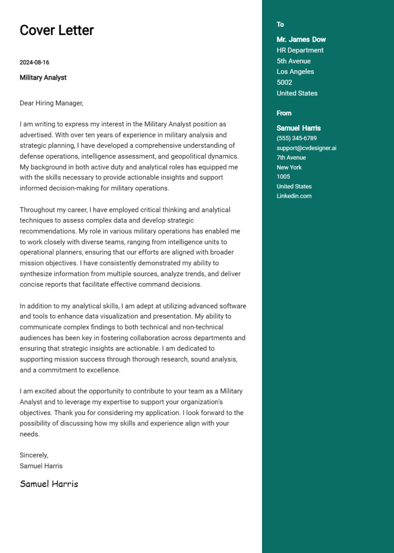 Military Analyst Cover Letter Examples & Samples for 2025