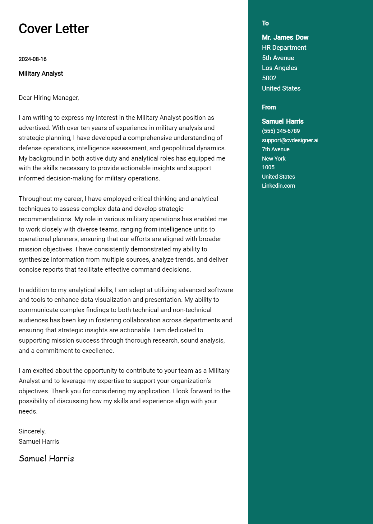 military analyst cover letter example