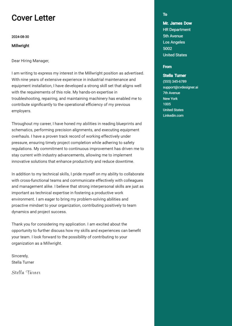 Millwright Cover Letter Example for 2025 (Complete Writing Guide)