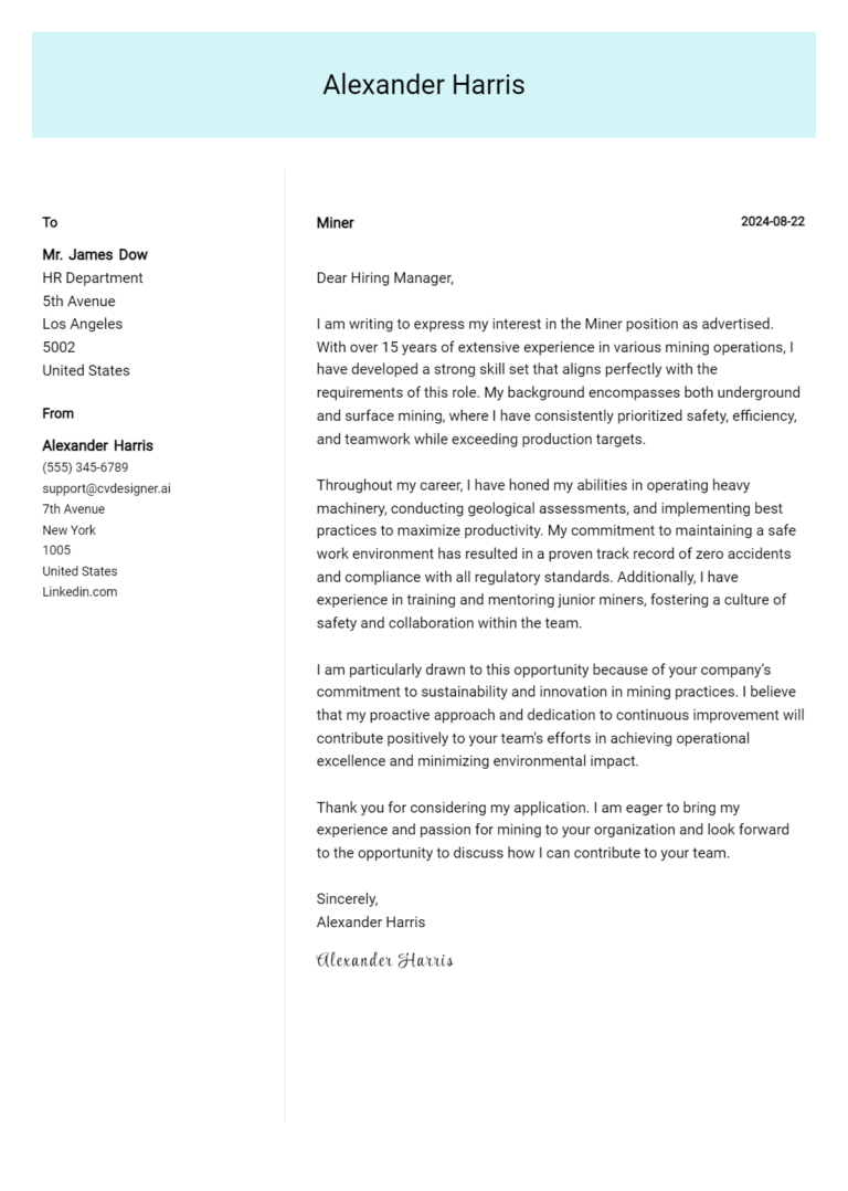 Miner Cover Letter Example for 2025: Free Templates