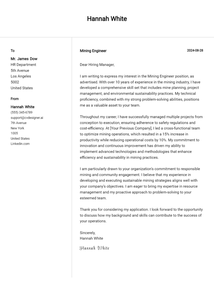 Mining Engineer Cover Letter Example for 2024: Tips & Templates ...