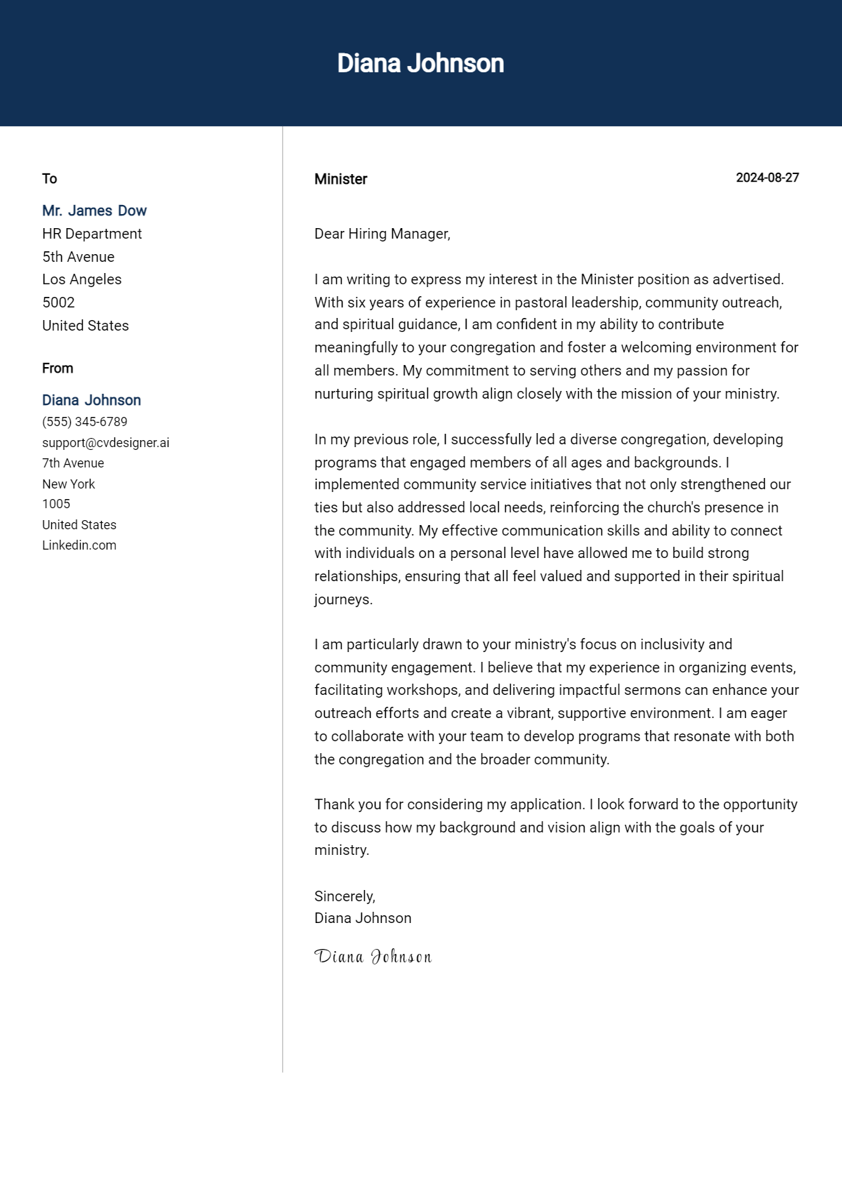 minister cover letter example