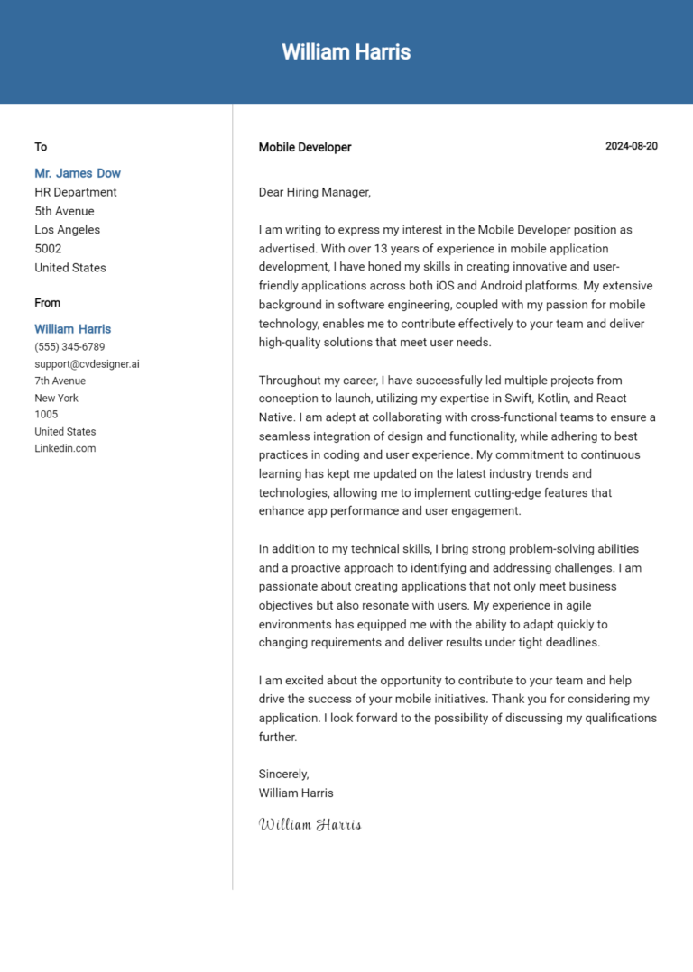 Mobile Developer Cover Letter Example for 2025: Proven Tips
