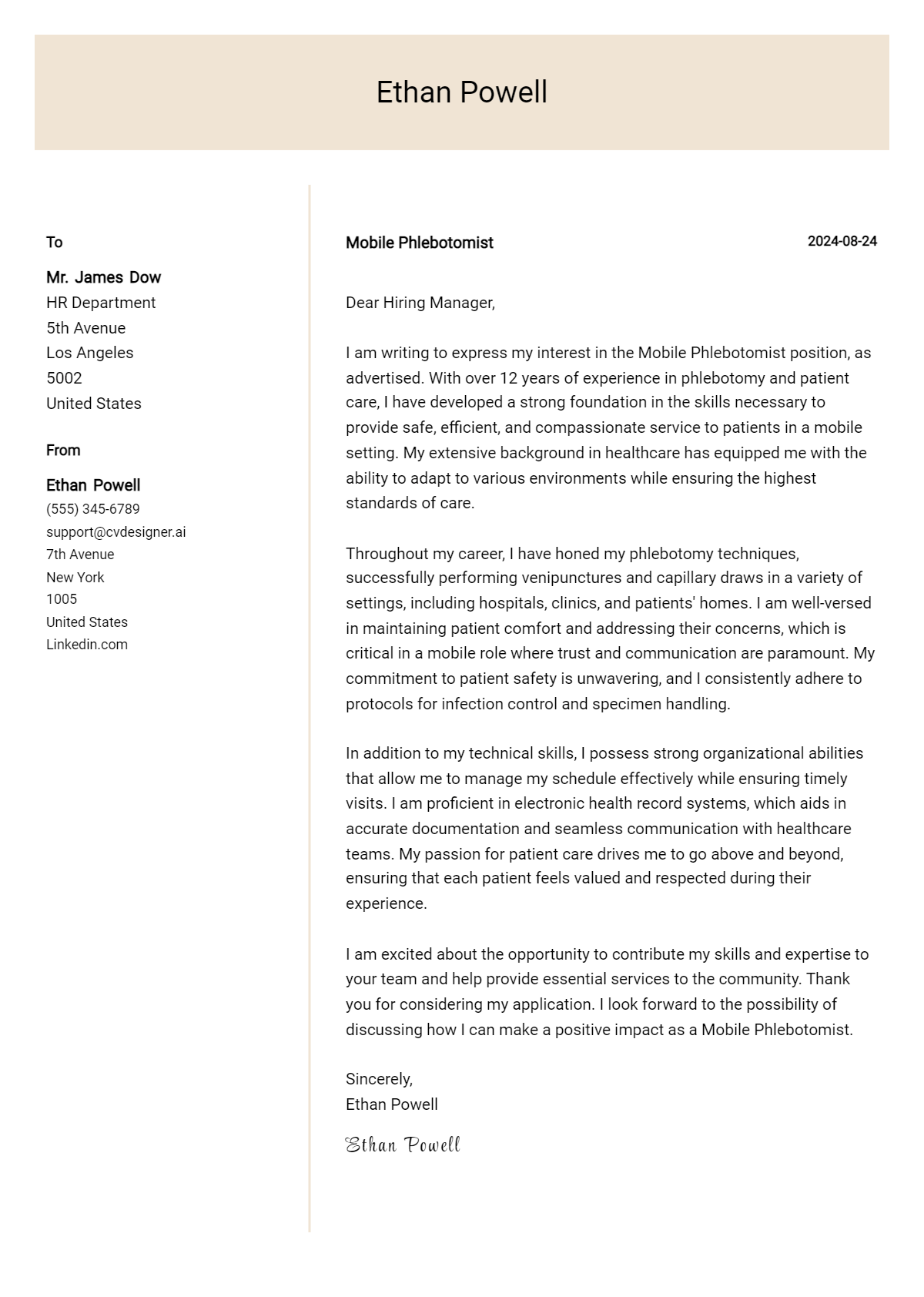 mobile phlebotomist cover letter example