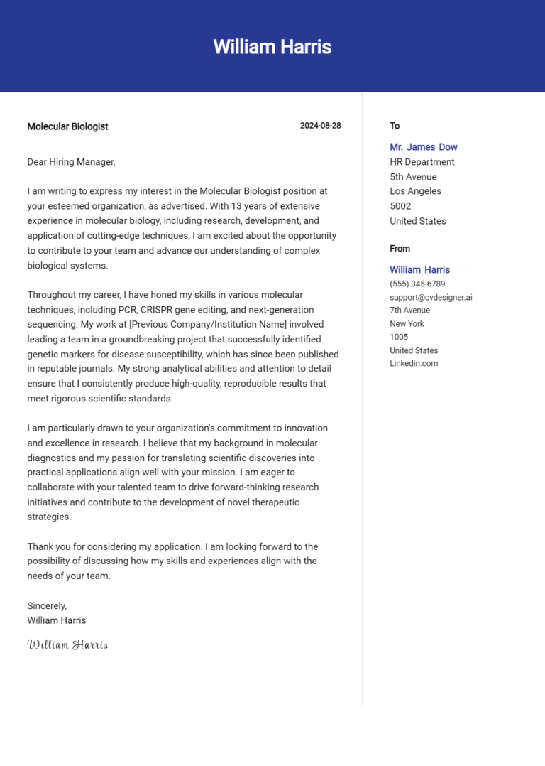 Molecular Biologist Cover Letter Example for 2025: Expert Tips & Templates 1 Molecular Biologist Cover Letter Example for 2025: Expert Tips & Templates