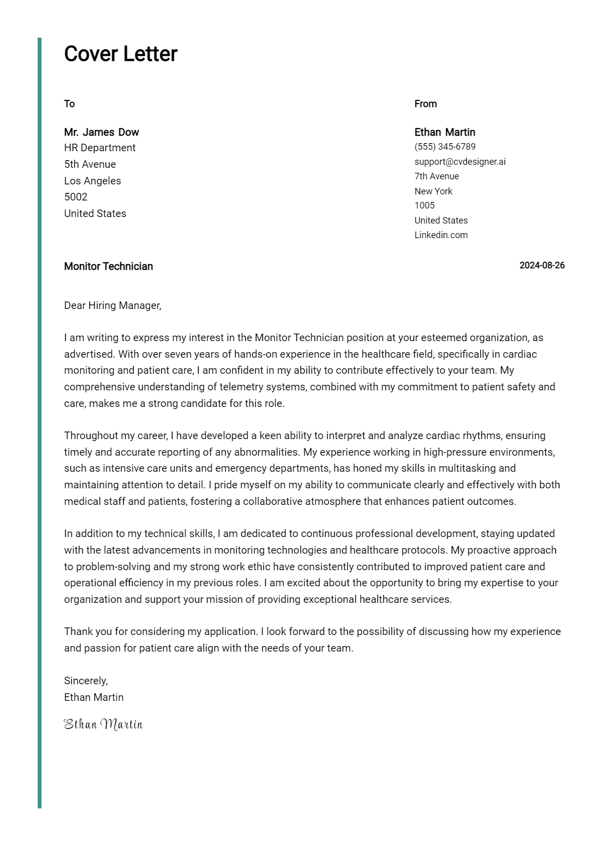 monitor technician cover letter example