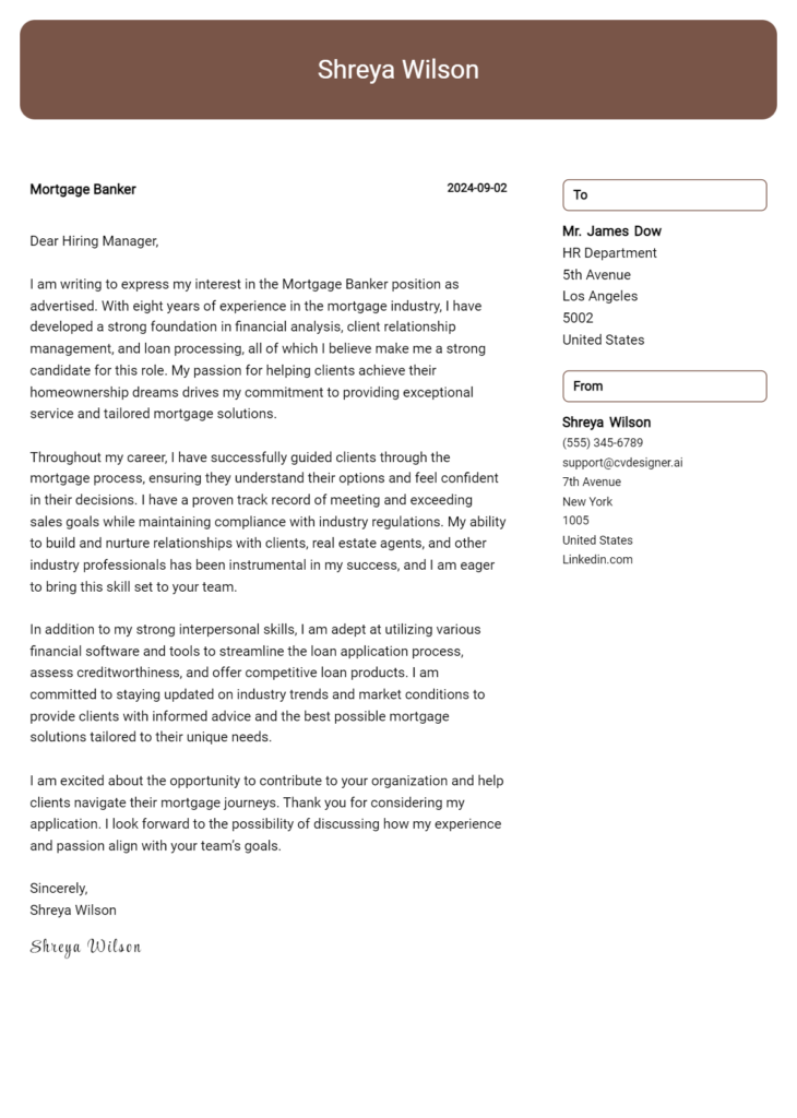 mortgage banker cover letter example