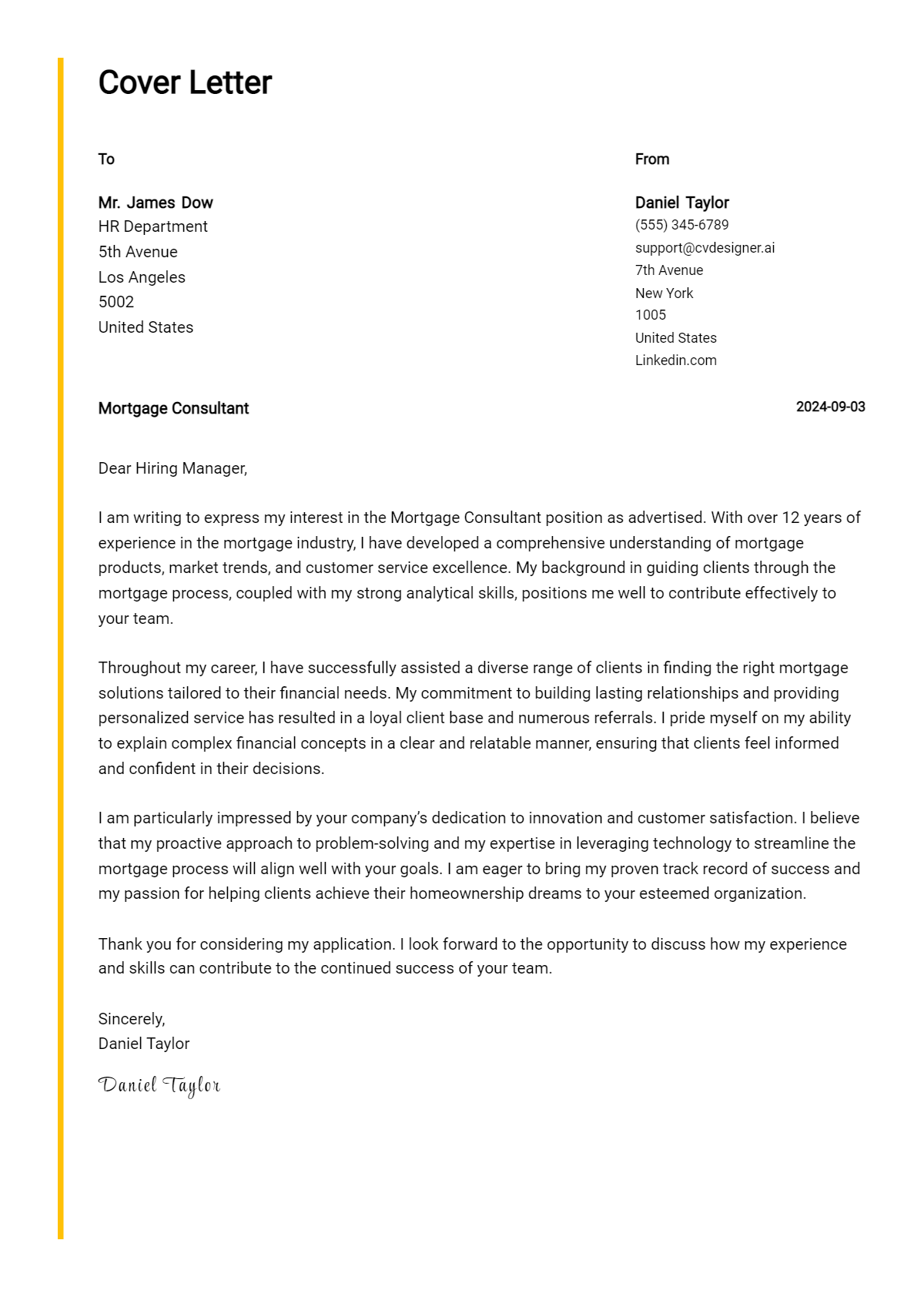 mortgage consultant cover letter example