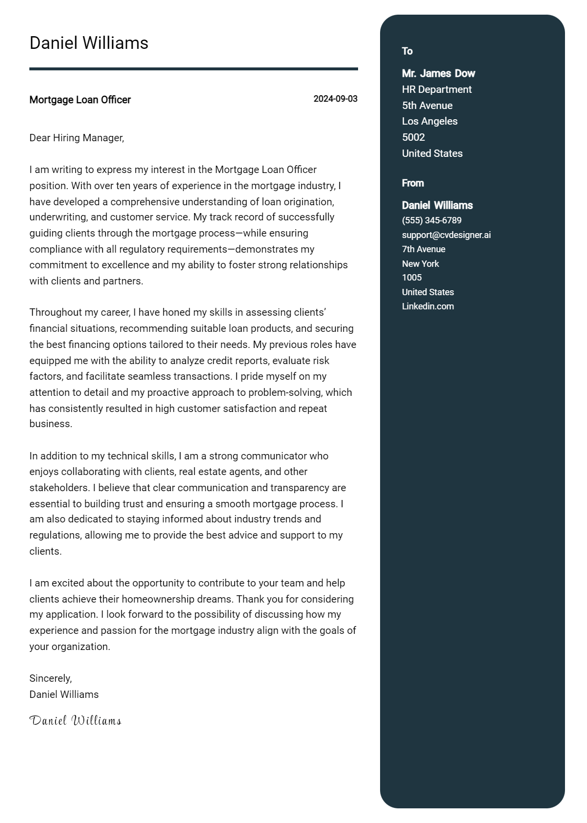 mortgage loan officer cover letter example