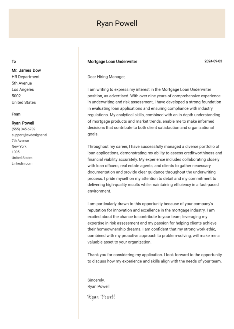 Mortgage Loan Underwriter Cover Letter Examples for 2025 (Downloadable)