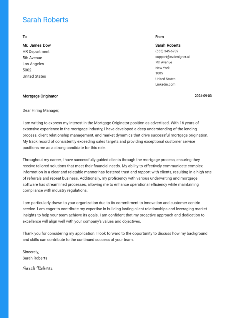 Mortgage Originator Cover Letter Example for 2025 (Free Templates)