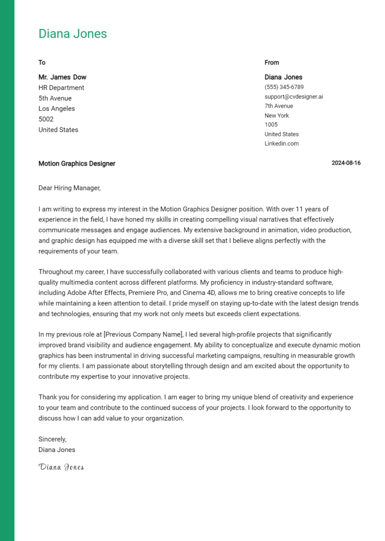 Motion Graphics Designer Cover Letter Example for 2025: Ultimate Guide