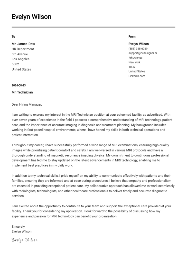 MRI Technician Cover Letter Example for 2025 (Free Templates)