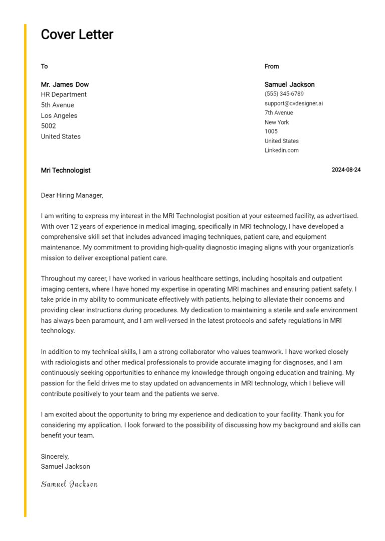 MRI Technologist Cover Letter Samples & Examples 2025