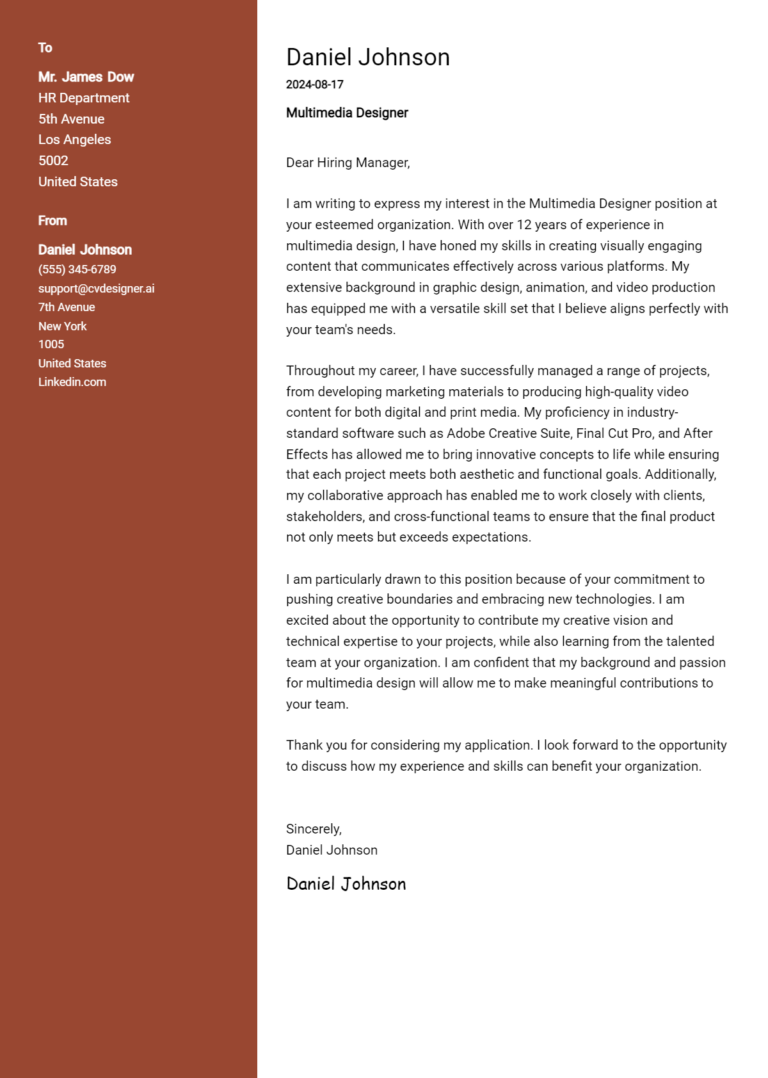 Multimedia Designer Cover Letter Example for 2025: Top CV Skills 1 Multimedia Designer Cover Letter Example for 2025: Top CV Skills