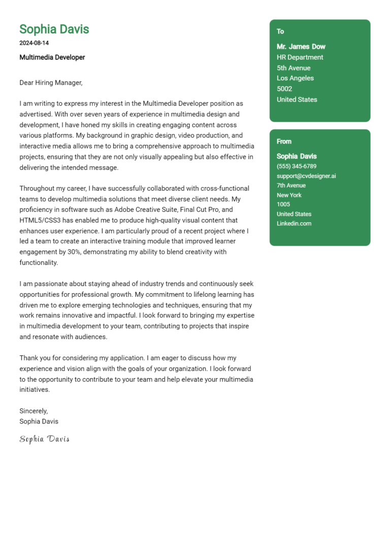Multimedia Developer Cover Letter Example for 2025: Free Templates 1 Multimedia Developer Cover Letter Example for 2025: Free Templates