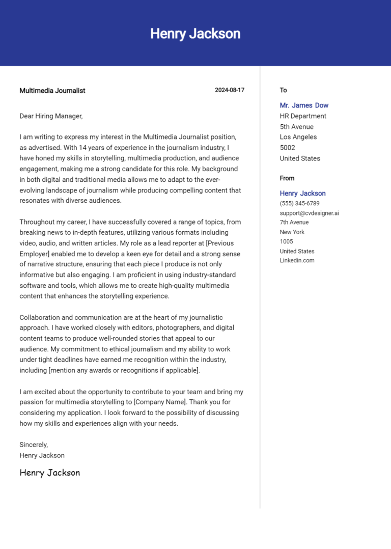 Multimedia Journalist Cover Letter Example for 2025: Proven Tips