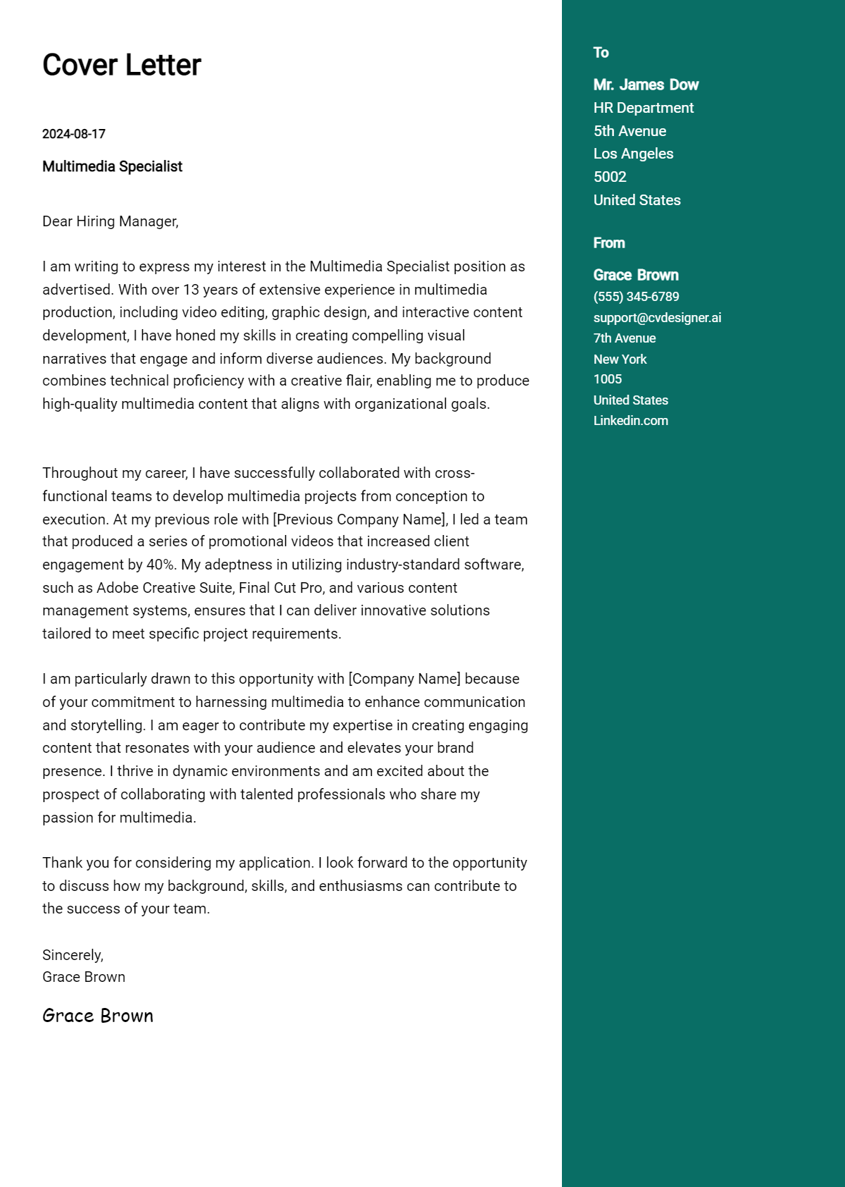 multimedia specialist cover letter example