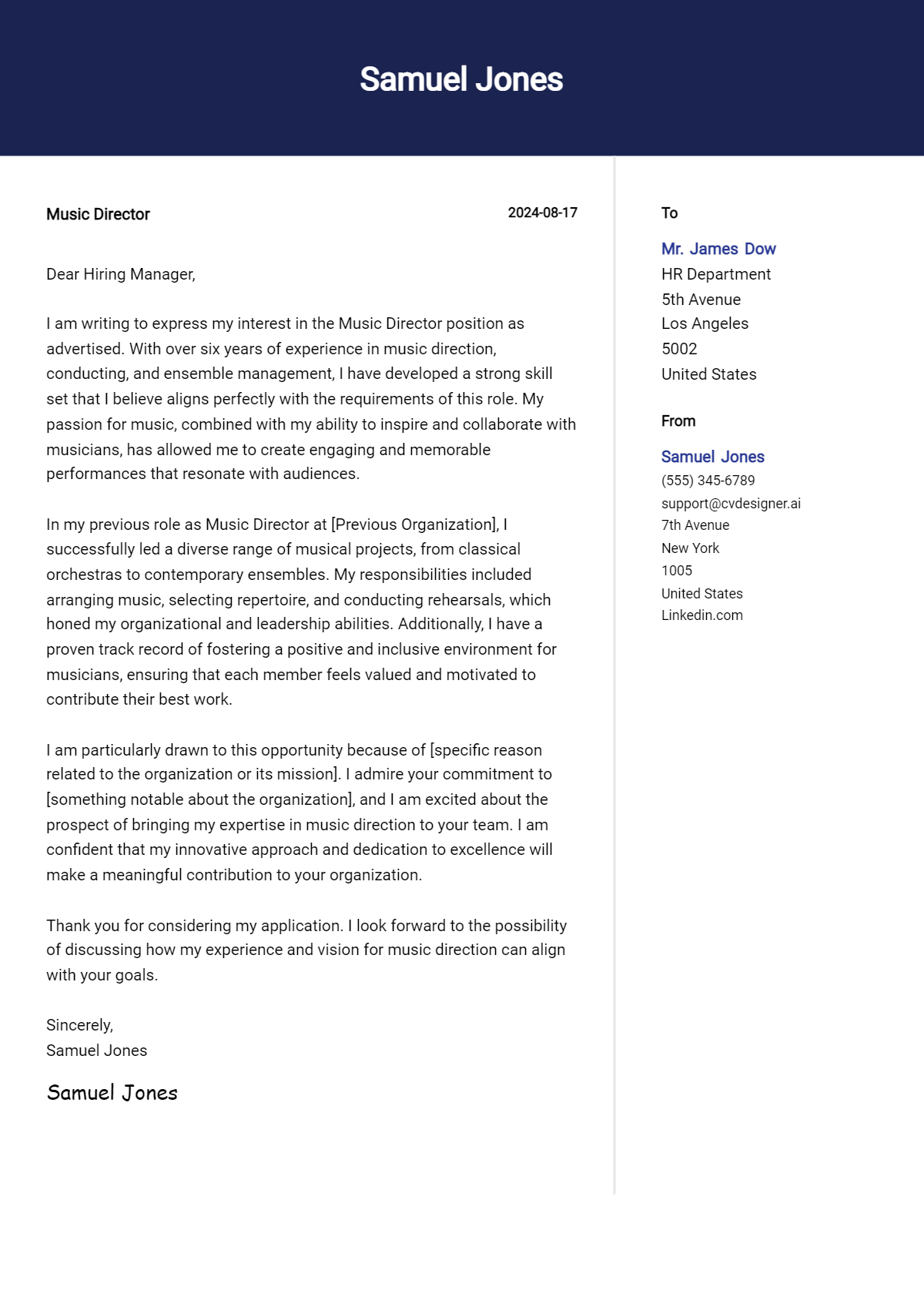 music director cover letter example