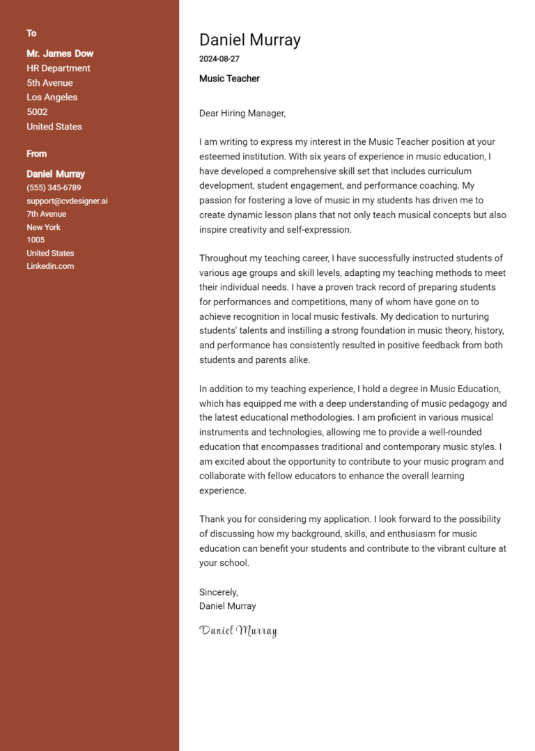 Music Teacher Cover Letter Example for 2025: Top CV Skills