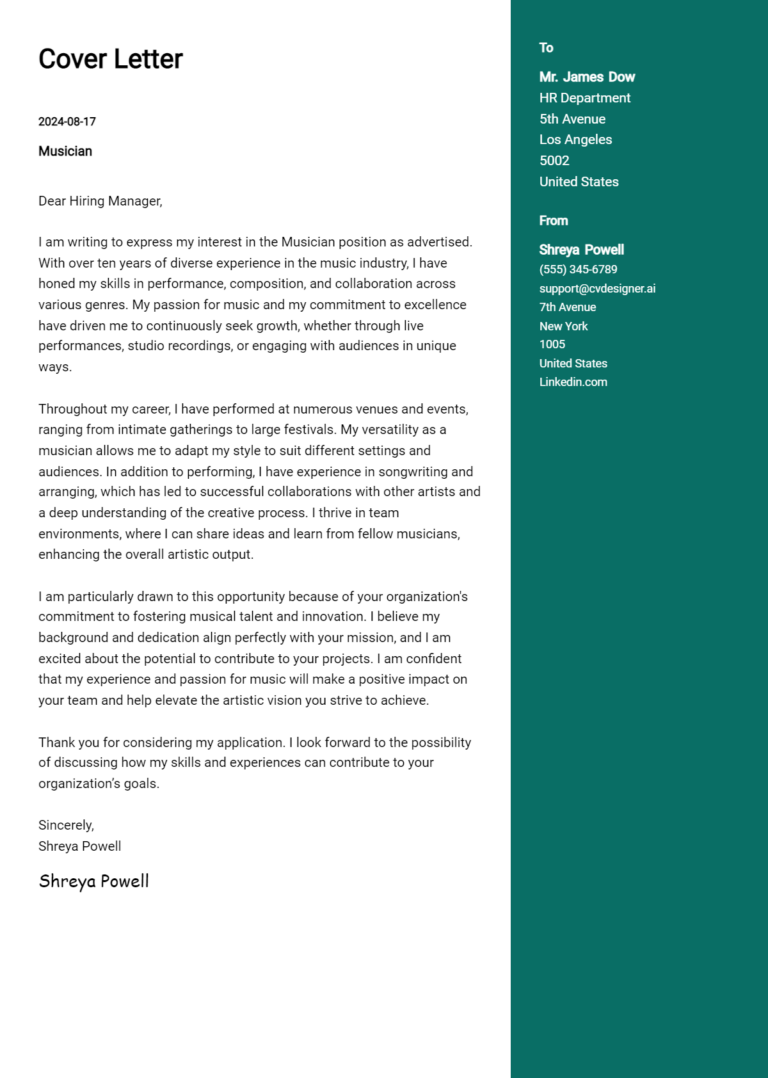 Musician Cover Letter Example for 2025: Tips & Templates