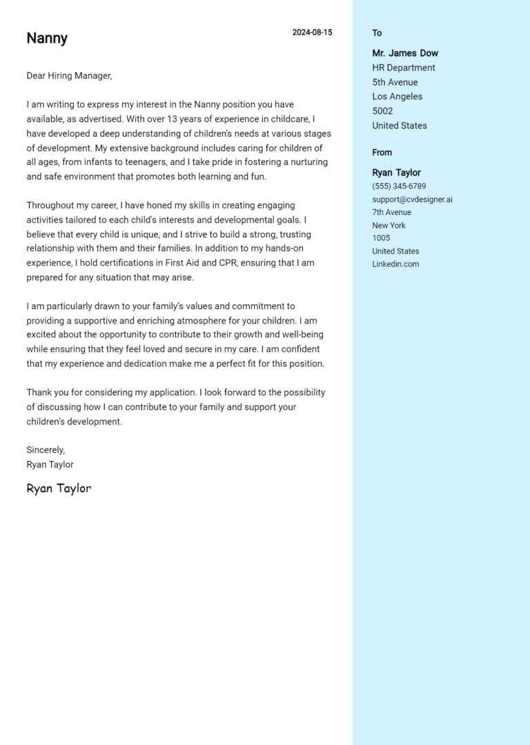 Nanny Cover Letter Example for 2025 (Writing Guide)
