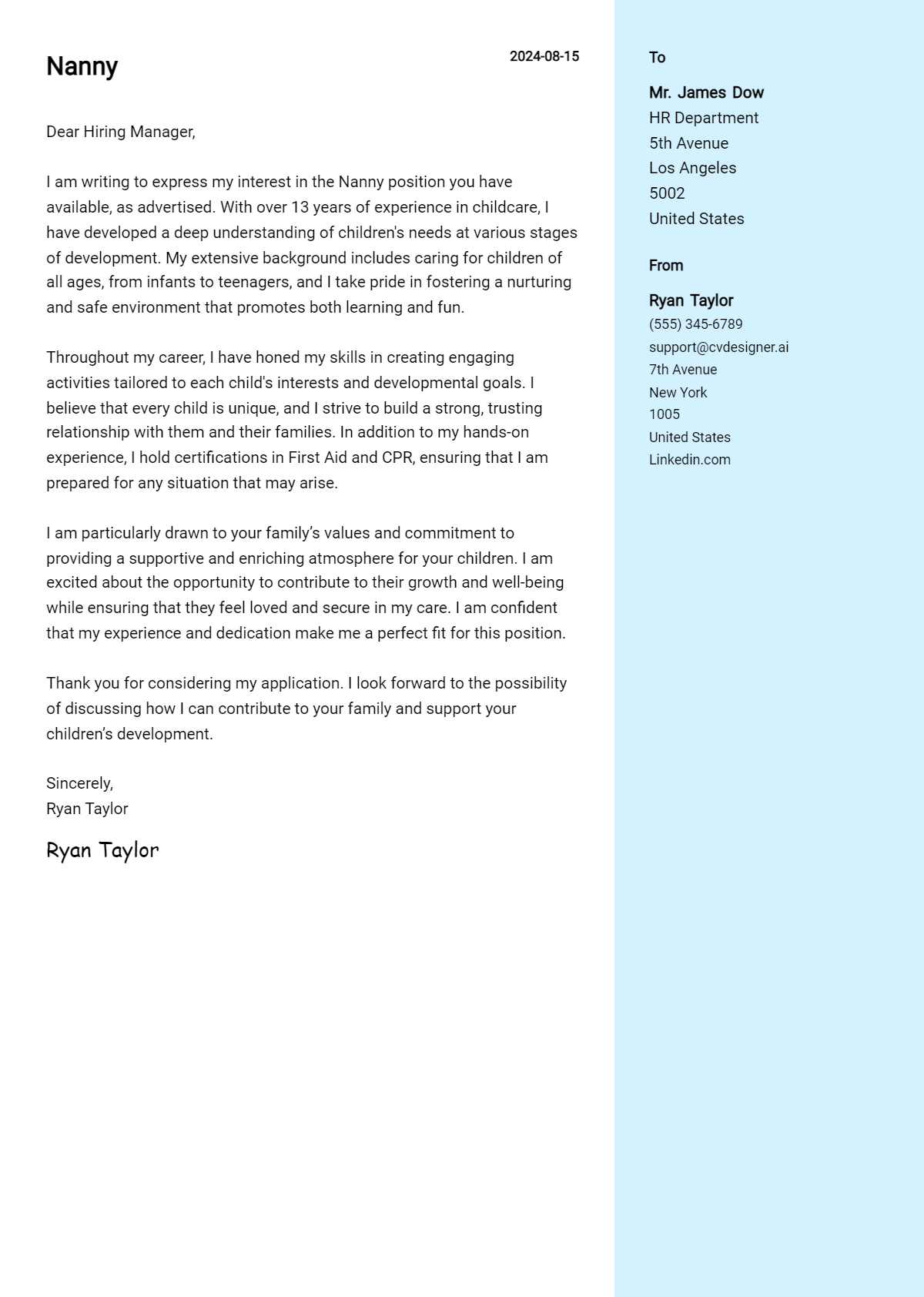 nanny cover letter example