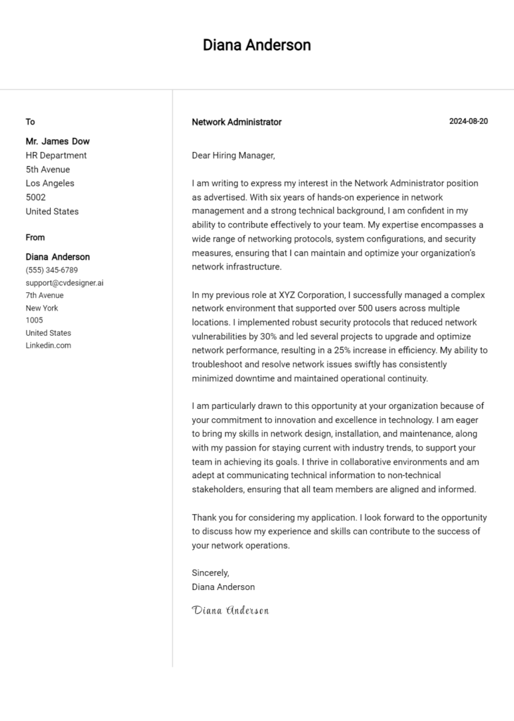 network administrator cover letter example