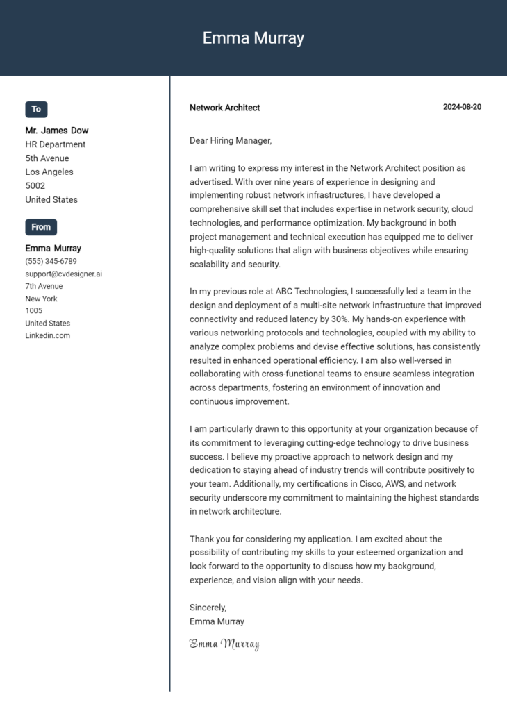 network architect cover letter example
