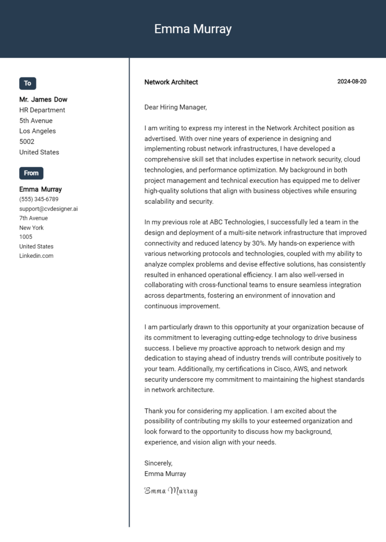 Network Architect Cover Letter Examples and Templates for 2025