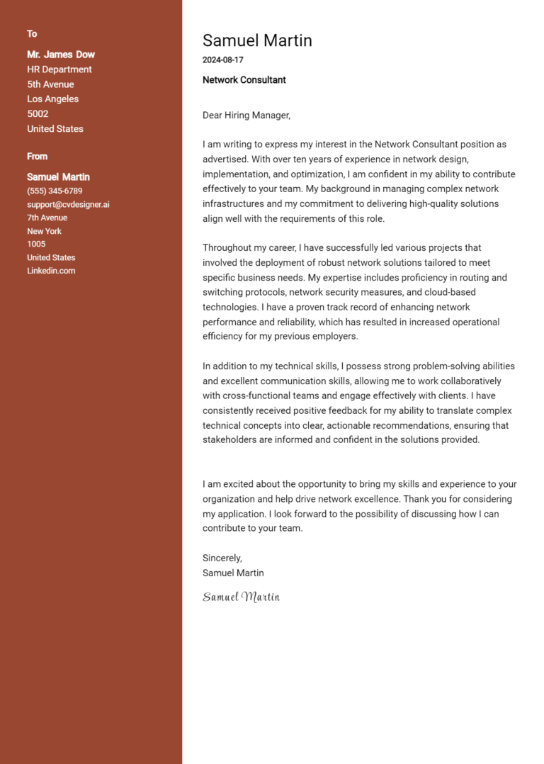 18 Network Consultant Cover Letter Examples for 2025 (Complete Writing Guide)