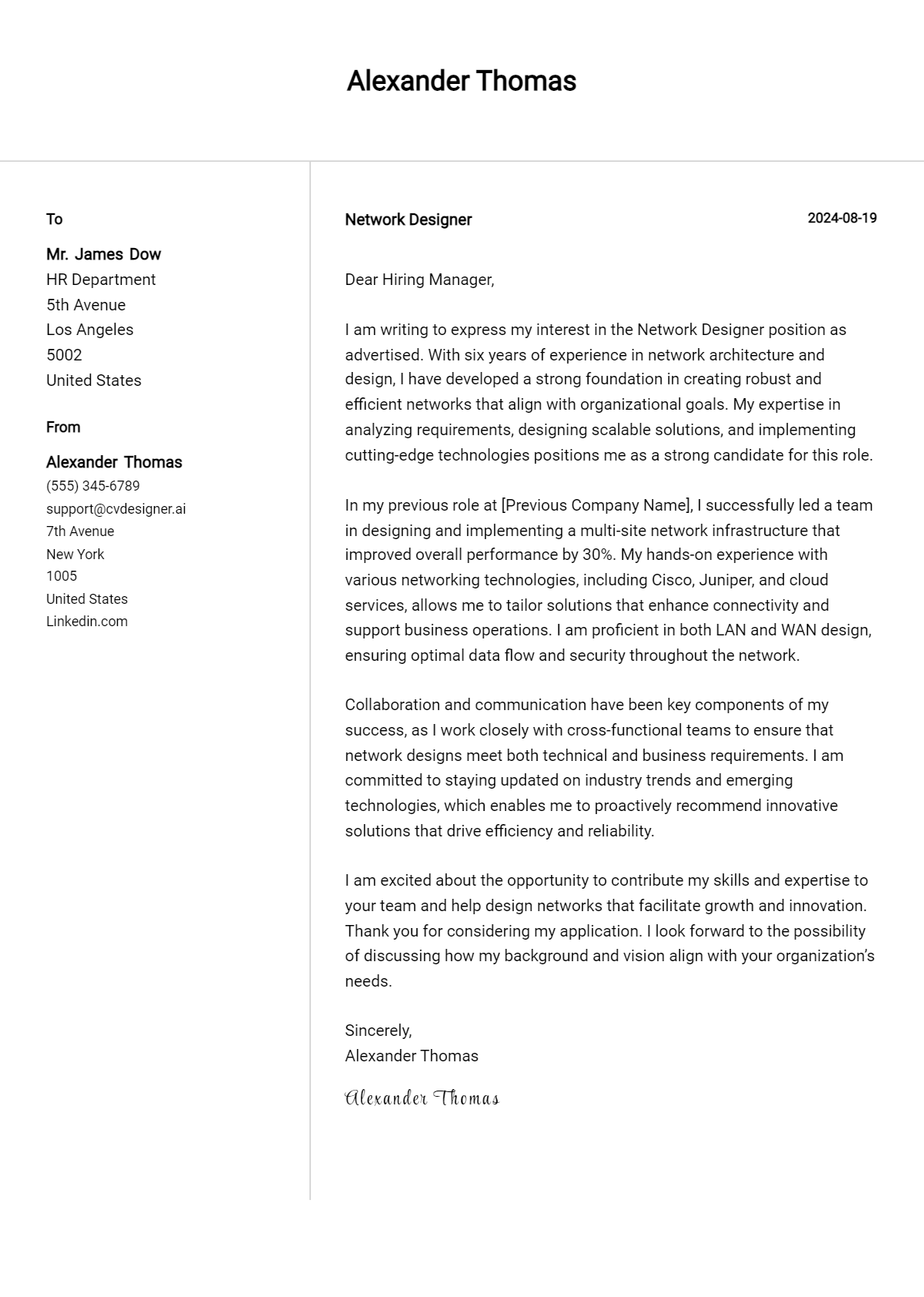 network designer cover letter example