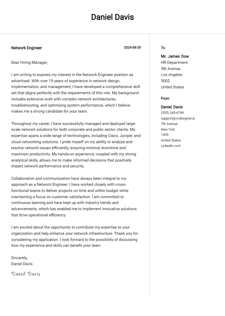 Network Engineer Cover Letter Example for 2025 (Free Templates)
