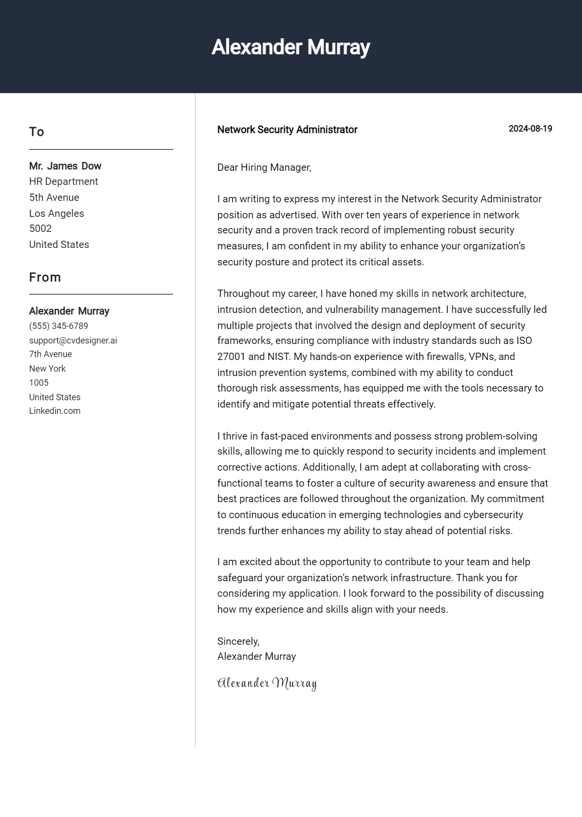 network security administrator cover letter example