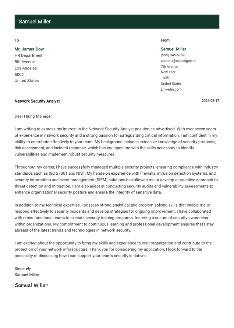 12 Network Security Analyst Cover Letter Example for 2025: Proven Tips