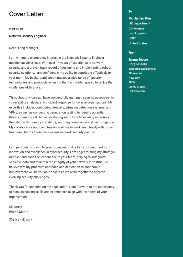 14 Network Security Engineer Cover Letter Examples for 2025 (Downloadable)