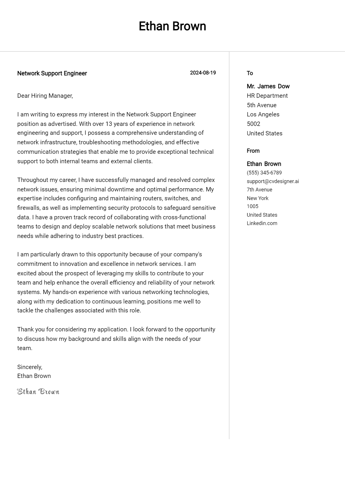 network support engineer cover letter example