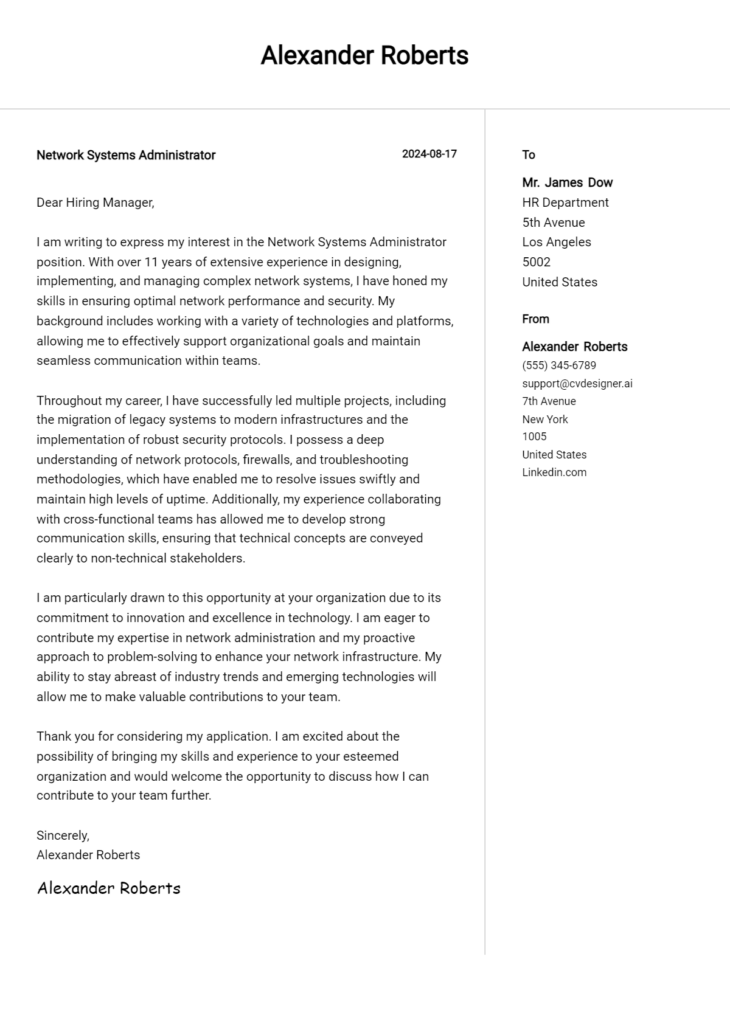 network systems administrator cover letter example