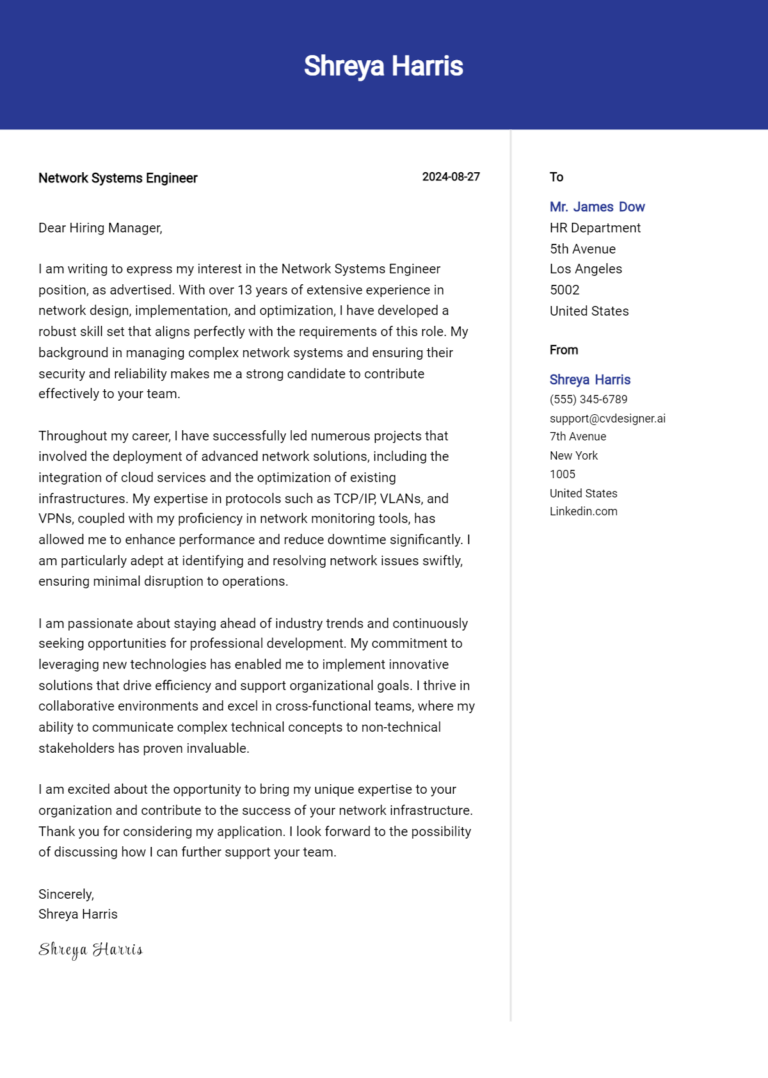 14 Network Systems Engineer Cover Letter Examples for 2025 (Download Templates)