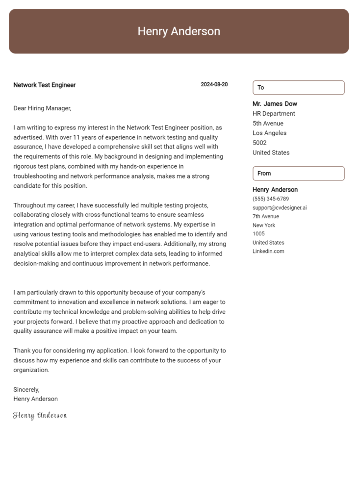 network test engineer cover letter example