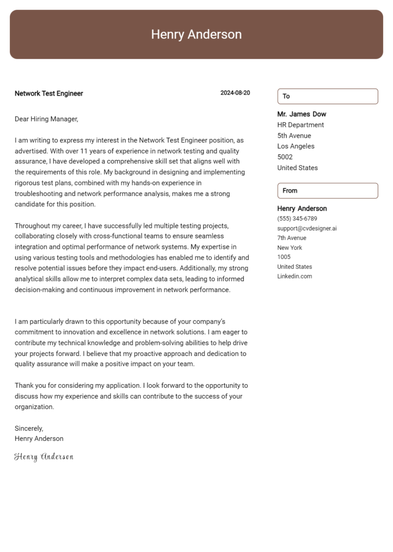 9 Network Test Engineer Cover Letter Example for 2025 (Download Templates)
