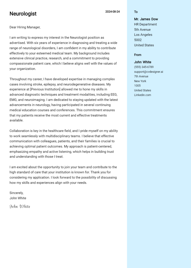 Neurologist Cover Letter Examples for 2025 (Downloadable)