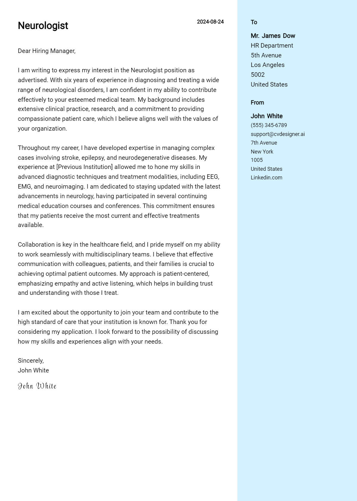 Neurologist Cover Letter Examples for 2024 (Downloadable) - CVDesigner.ai