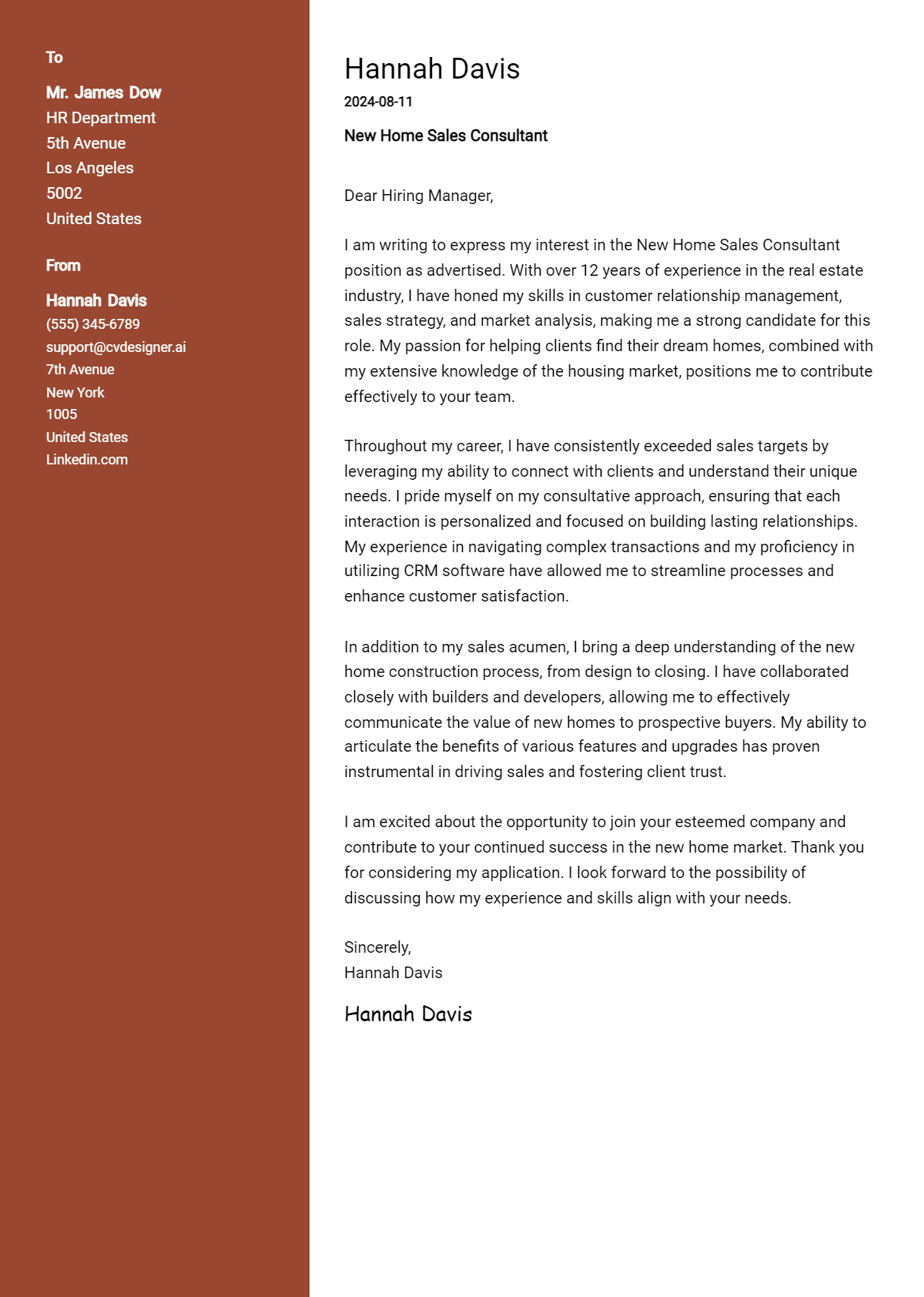 new home sales consultant cover letter example