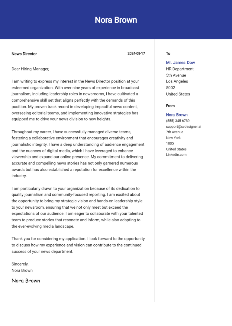 News Director Cover Letter Example for 2025: Expert Tips & Templates