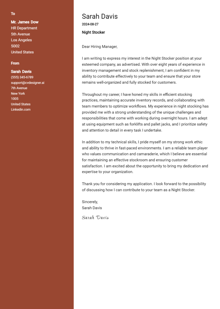 Night Stocker Cover Letter Examples and Templates for 2025