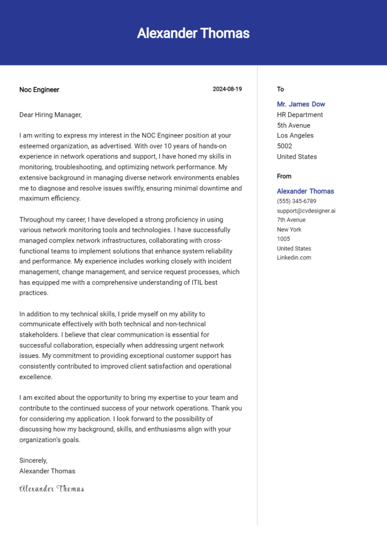 NOC Engineer Cover Letter Example for 2025: Expert Tips & Templates