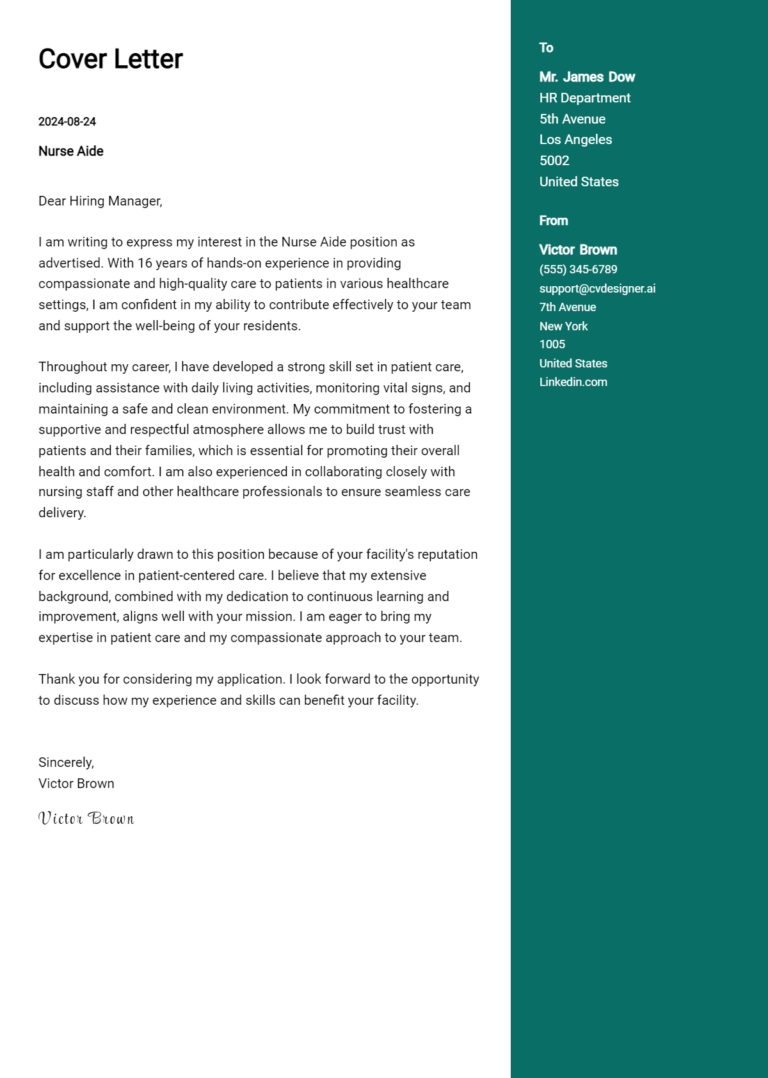 Nurse Aide Cover Letter Example for 2025: Top CV Skills