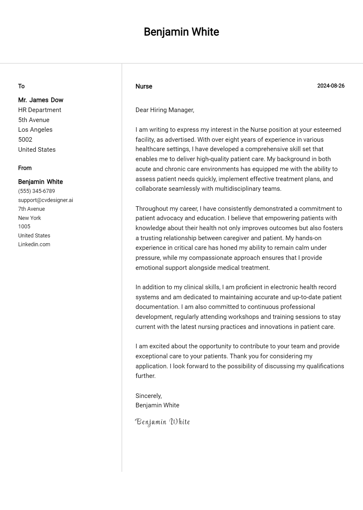 nurse cover letter example